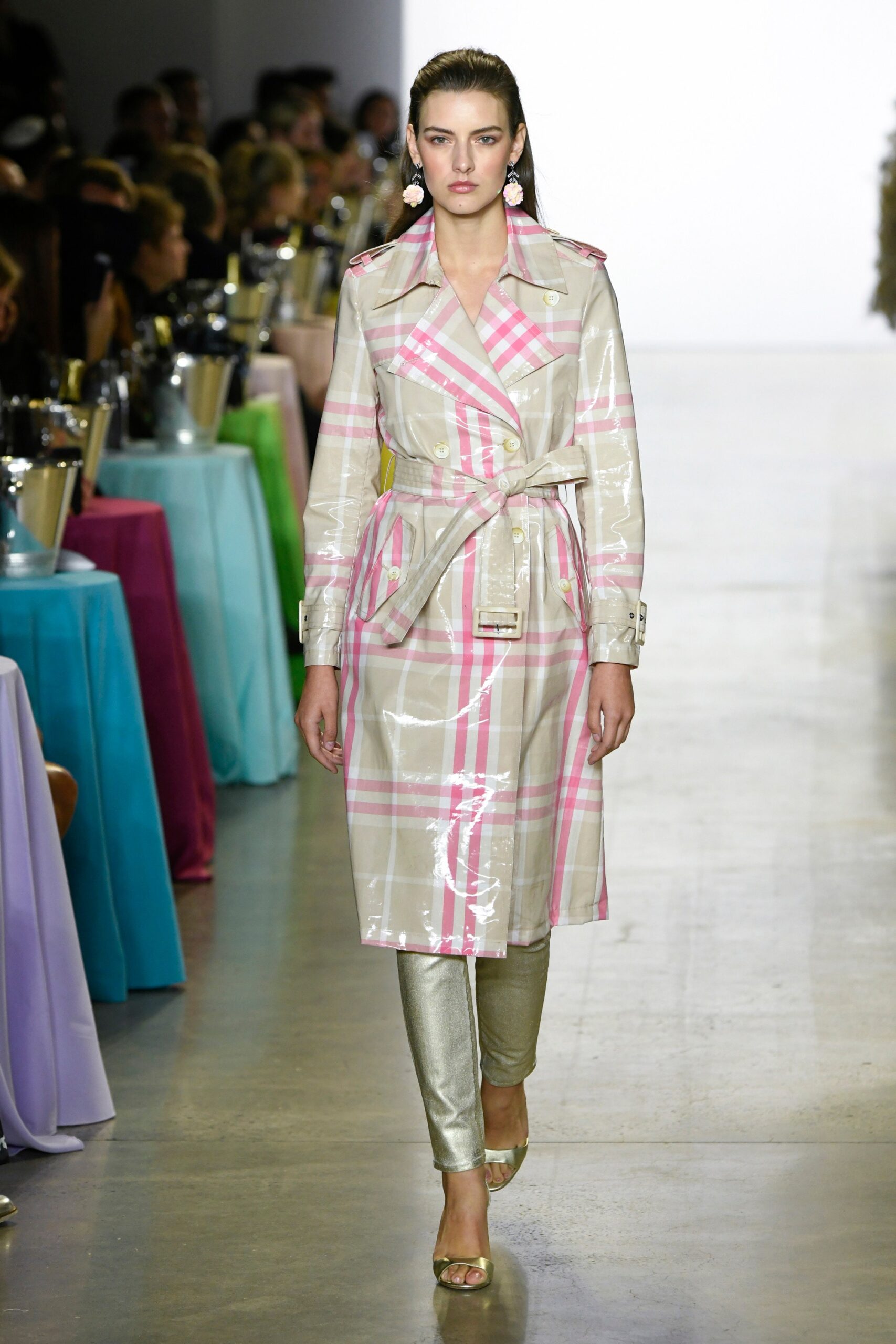 shiny pink beige vinyl trench coat with gold pants