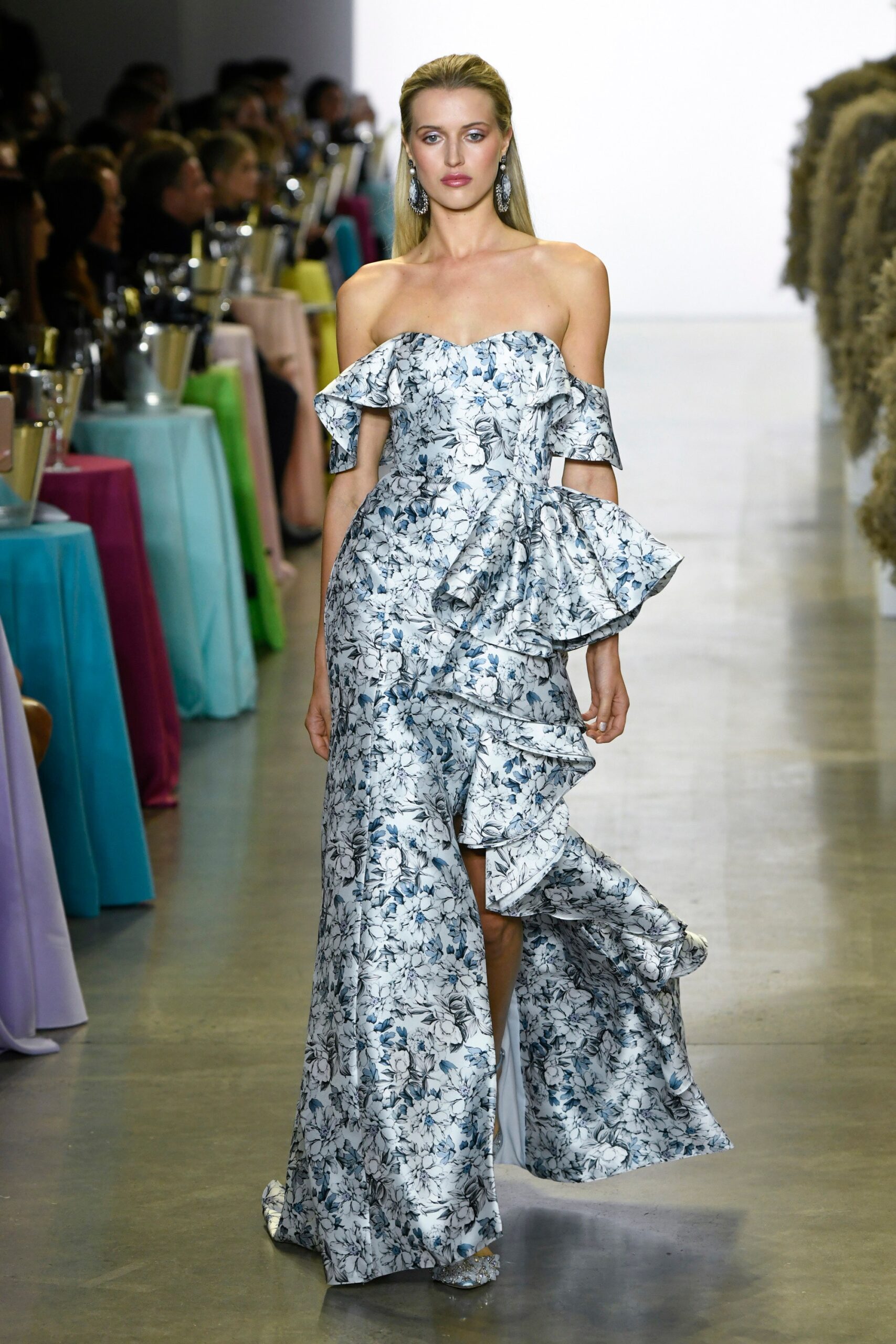 blue and white ruffled gown