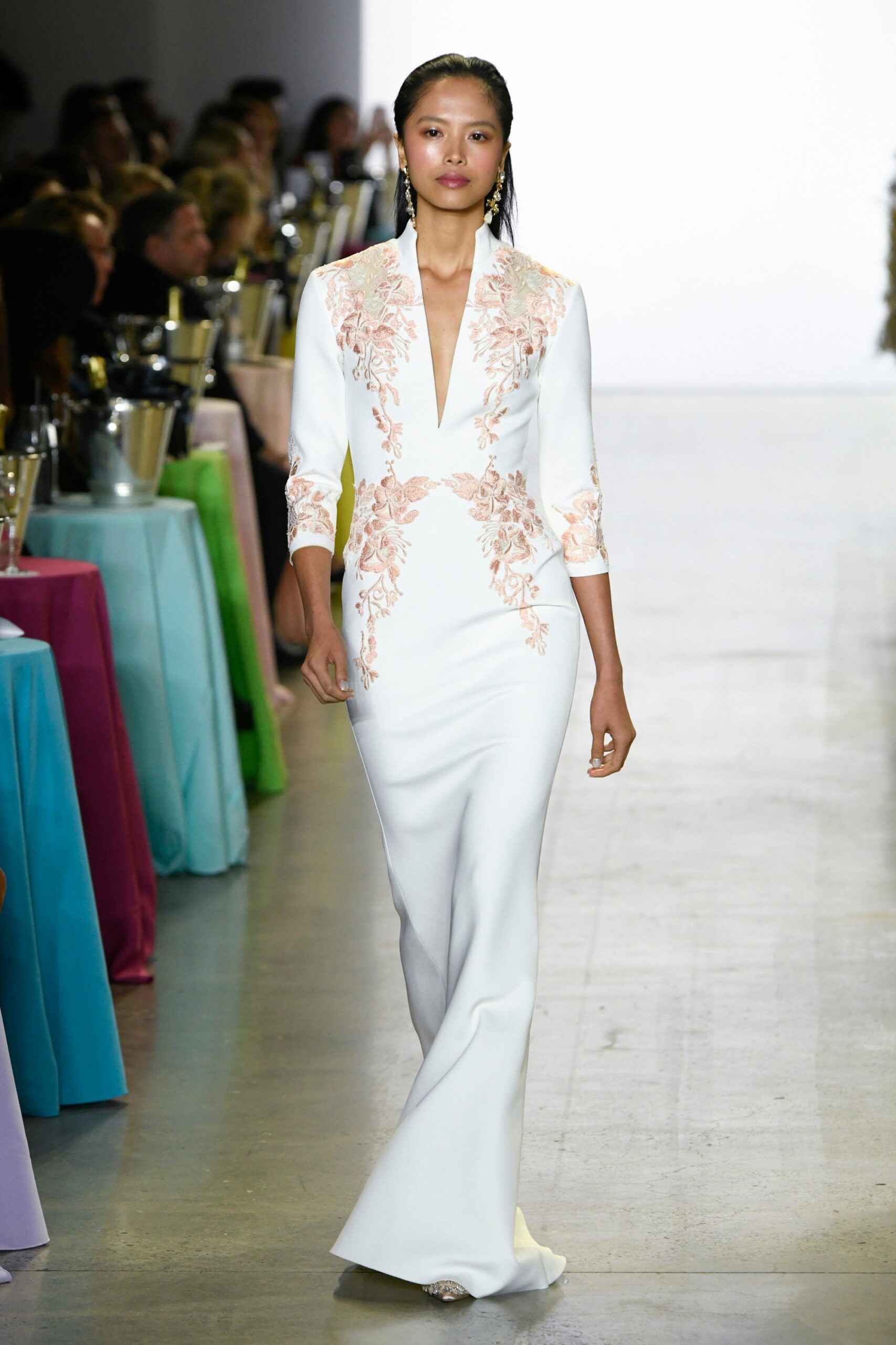 white silk embroidered gown