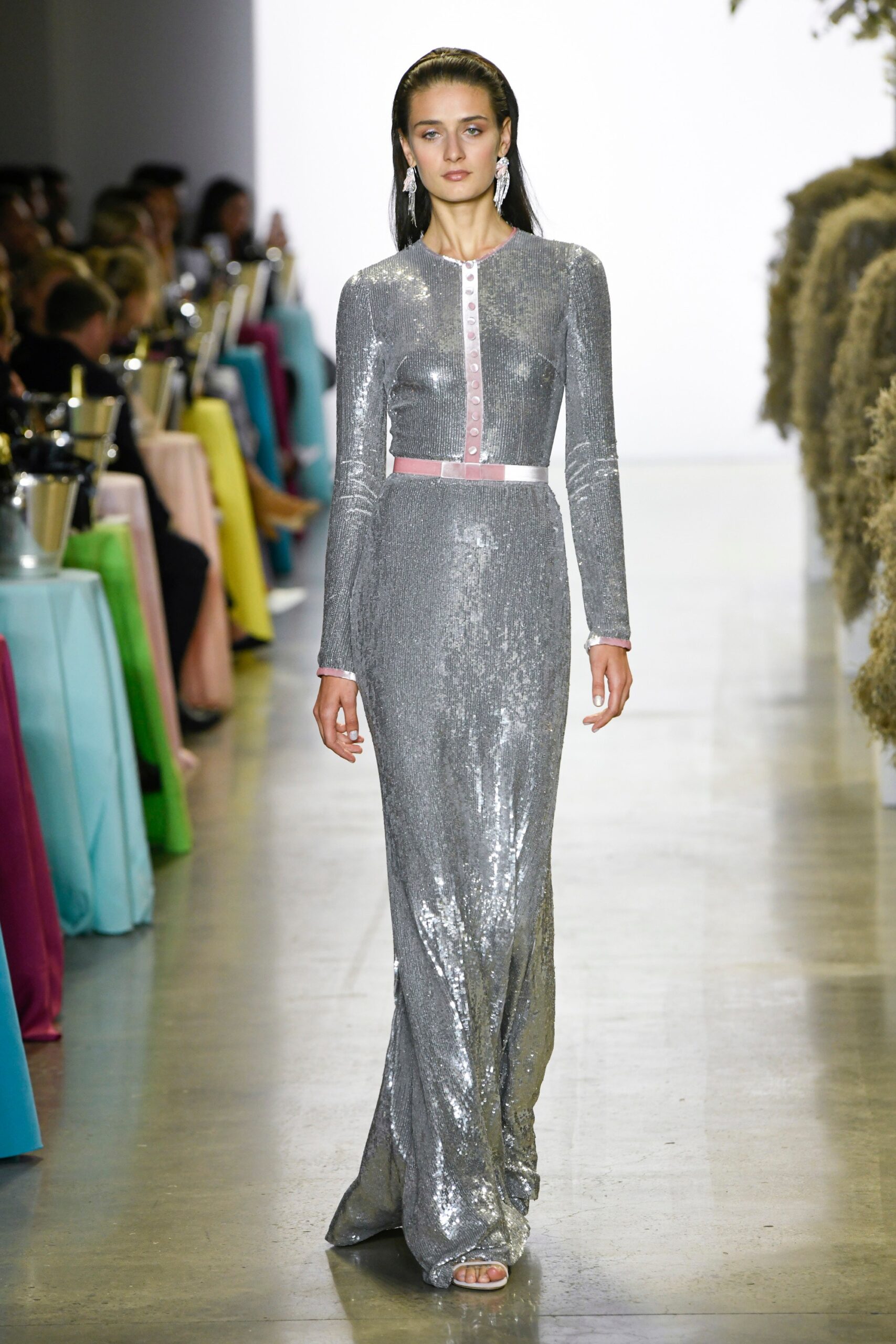 fitted silver sequin gown