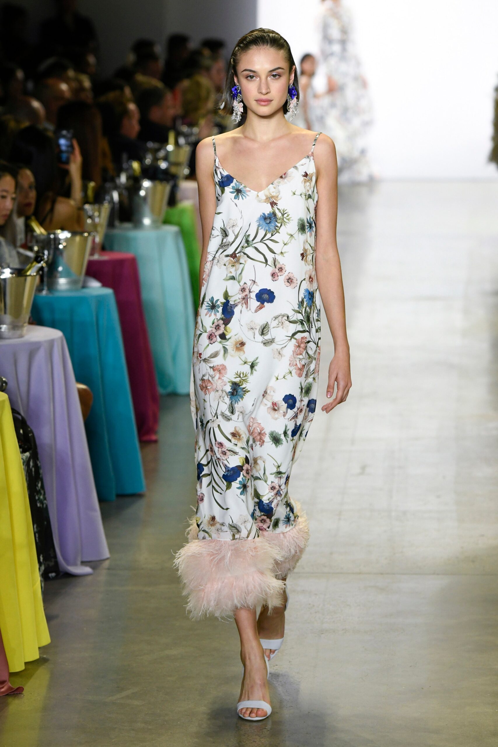 floral midi dress with feather hem