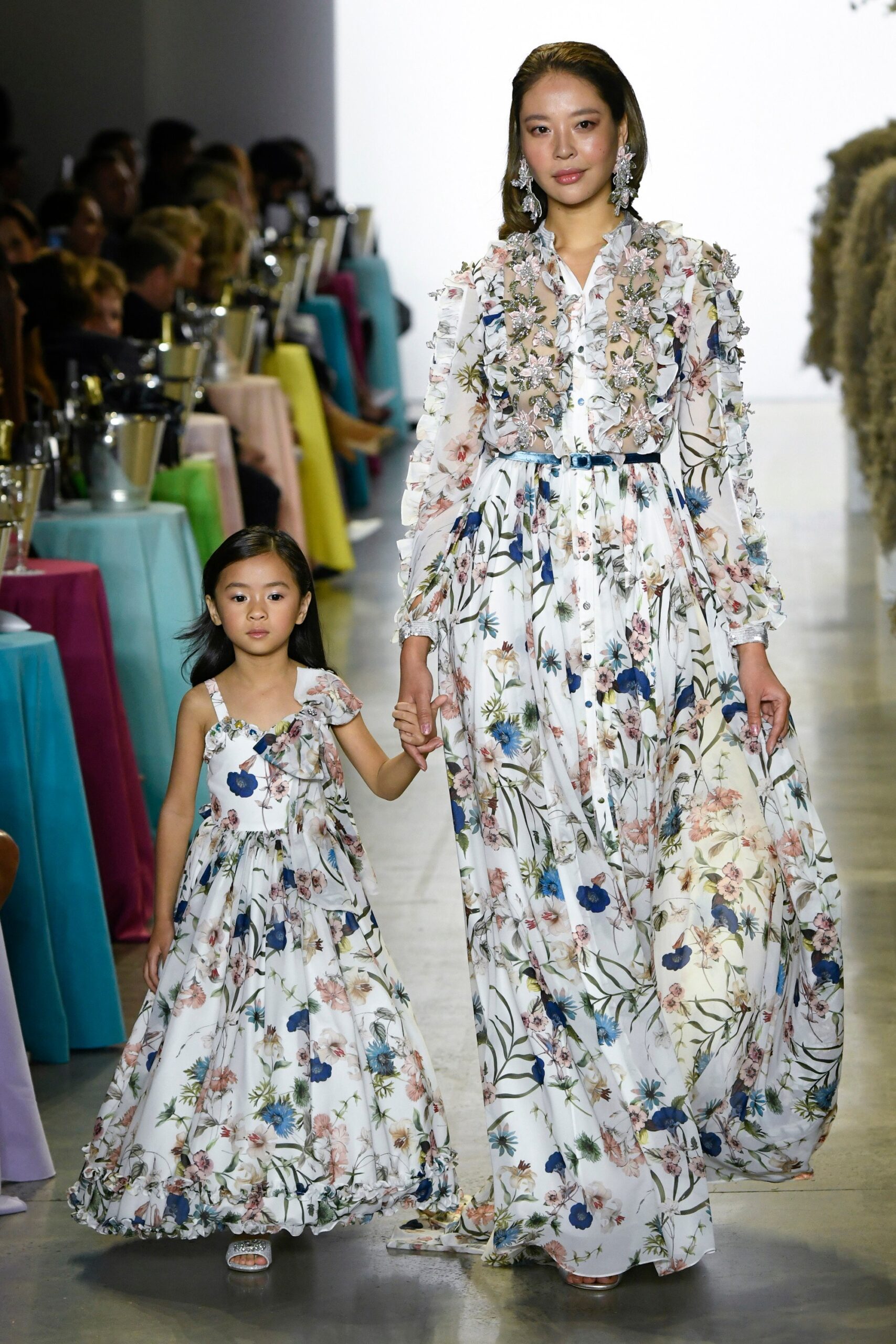 white silk long-sleeve v-neck fitted floral tiered gown