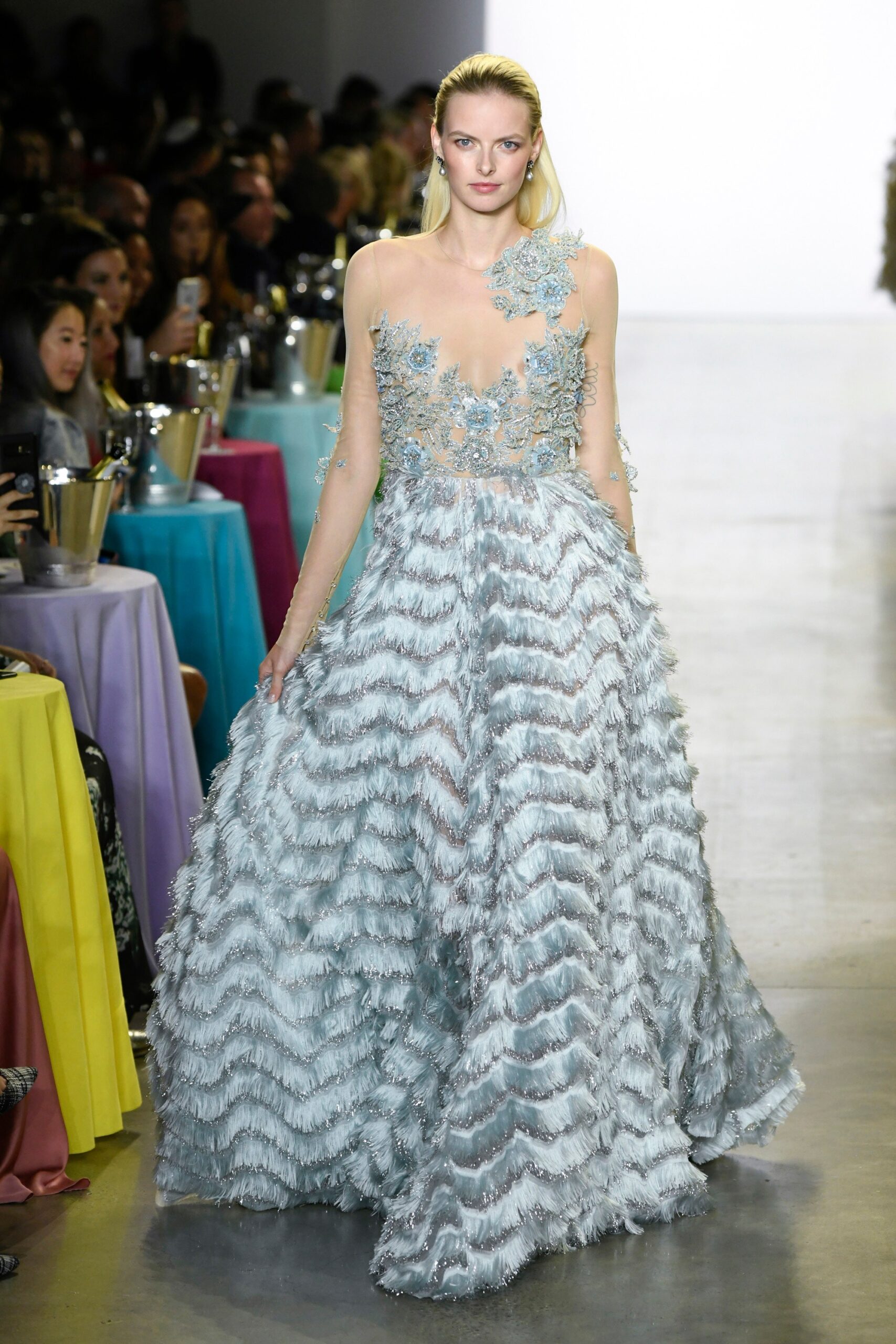 blue silk sleeveless gown