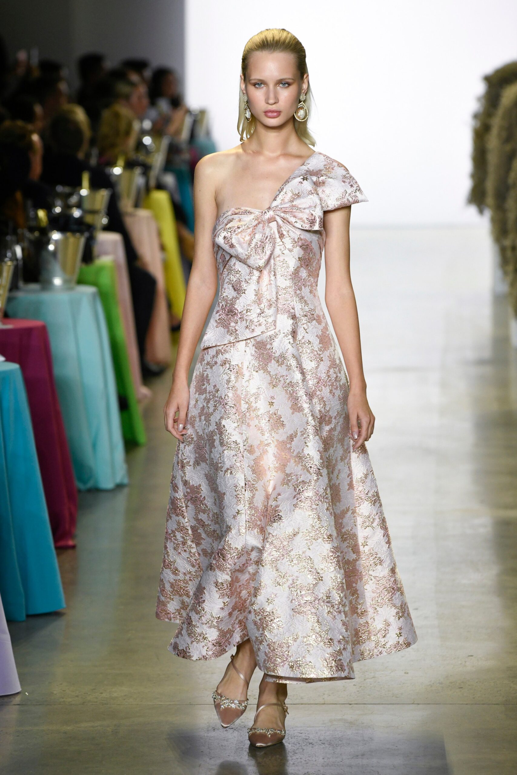 pink gold off-shoulder dress