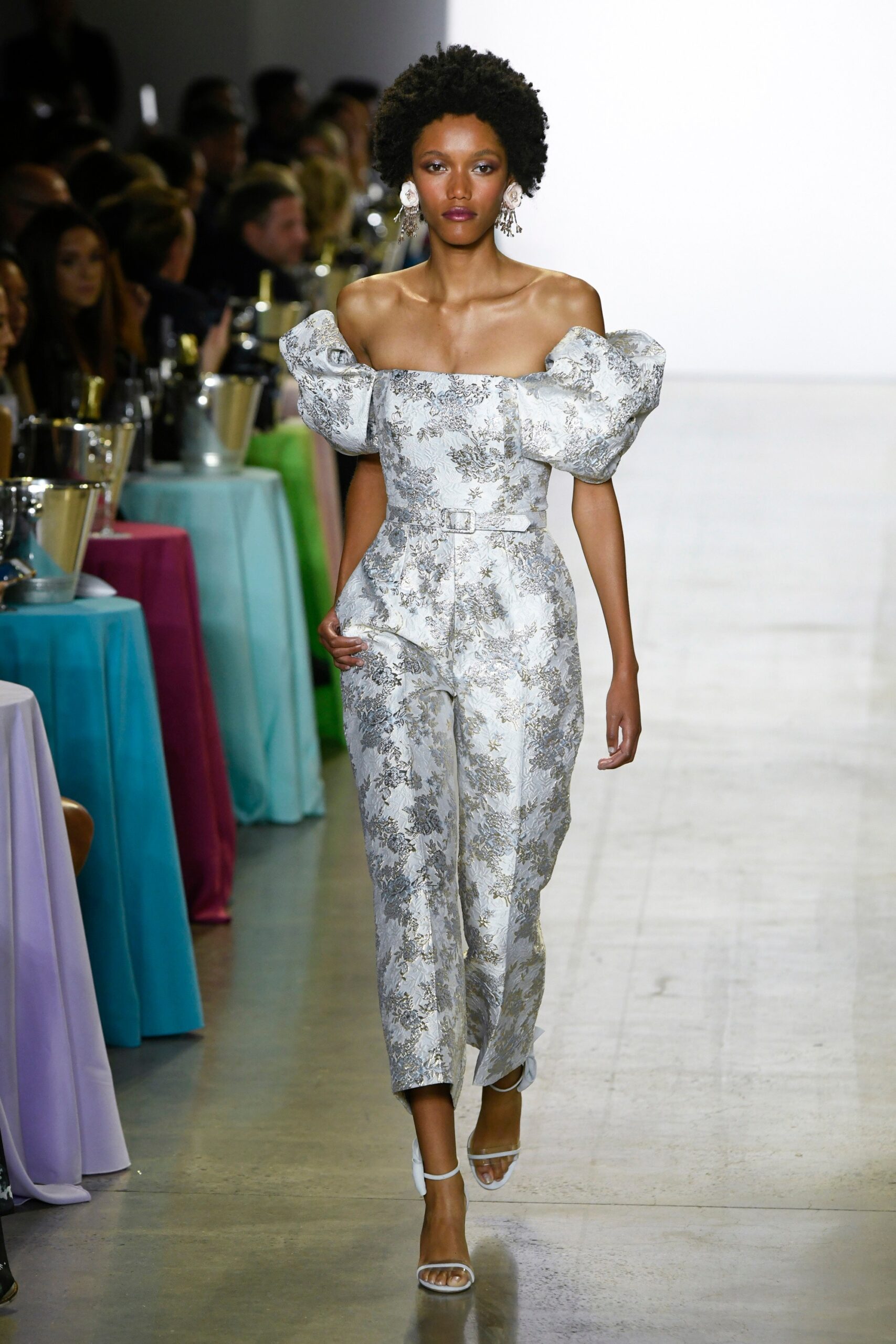 white gray silk off-shoulder jumpsuit