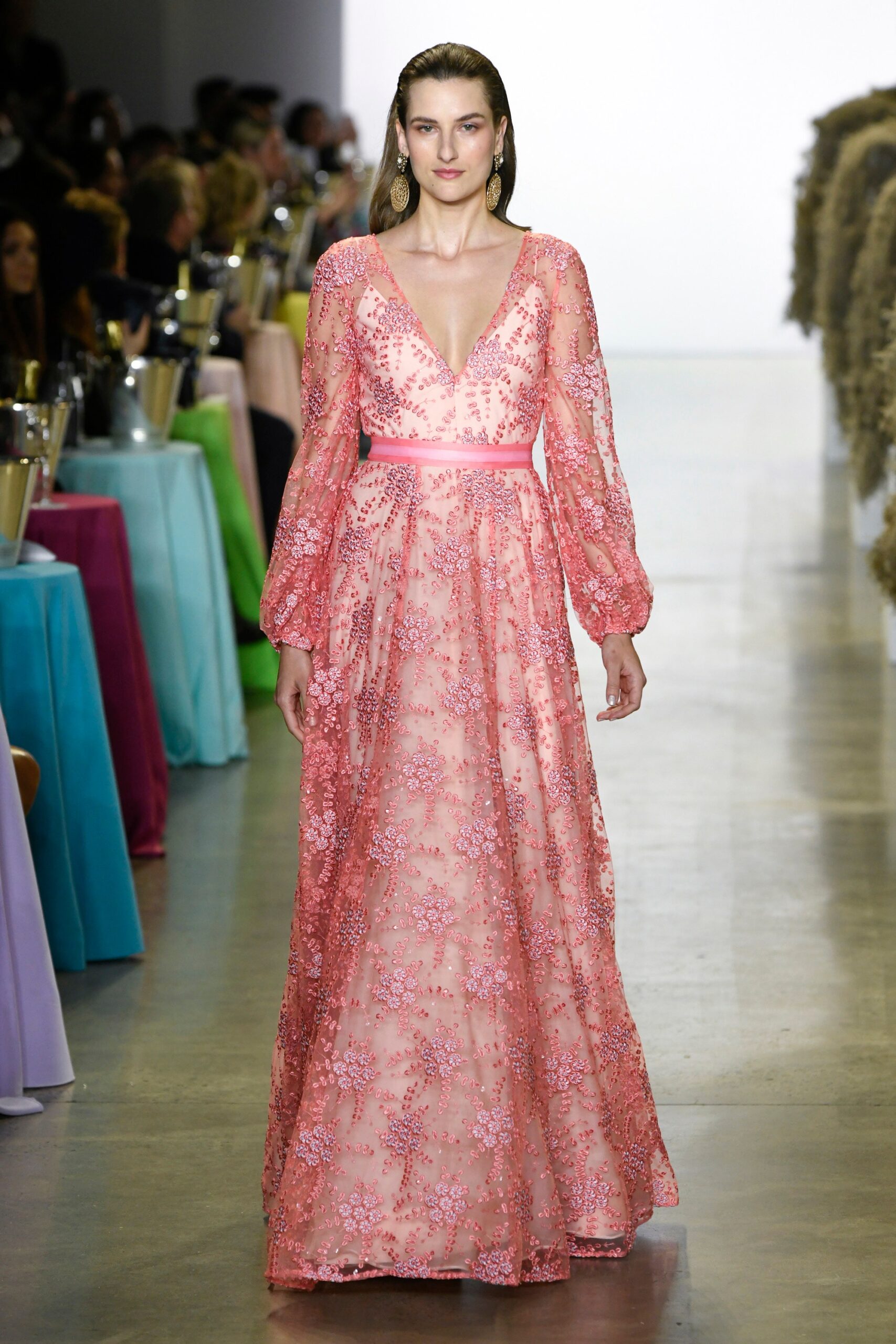 pink embroidered long-sleeve gown