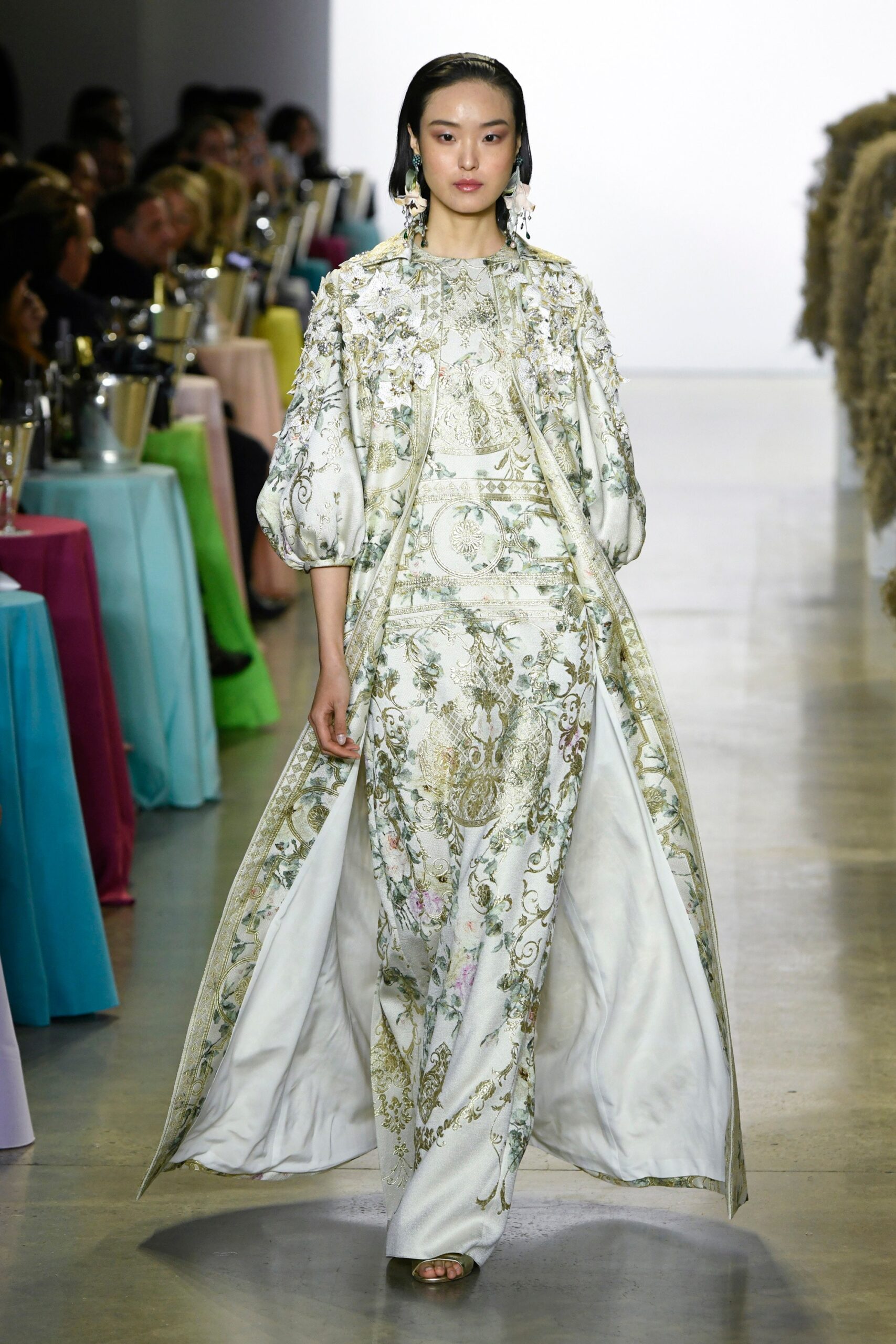 white gold embroidered gown and cape