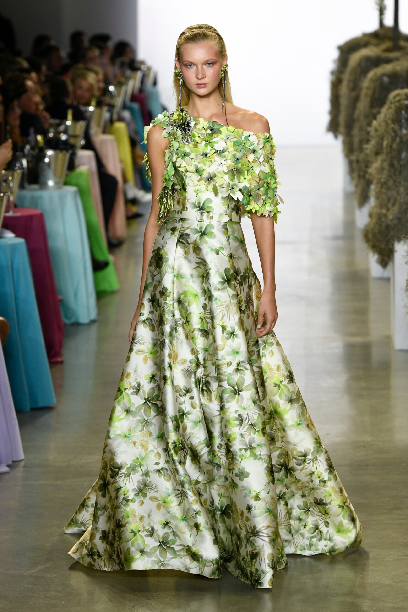 green floral off-shoulder gown