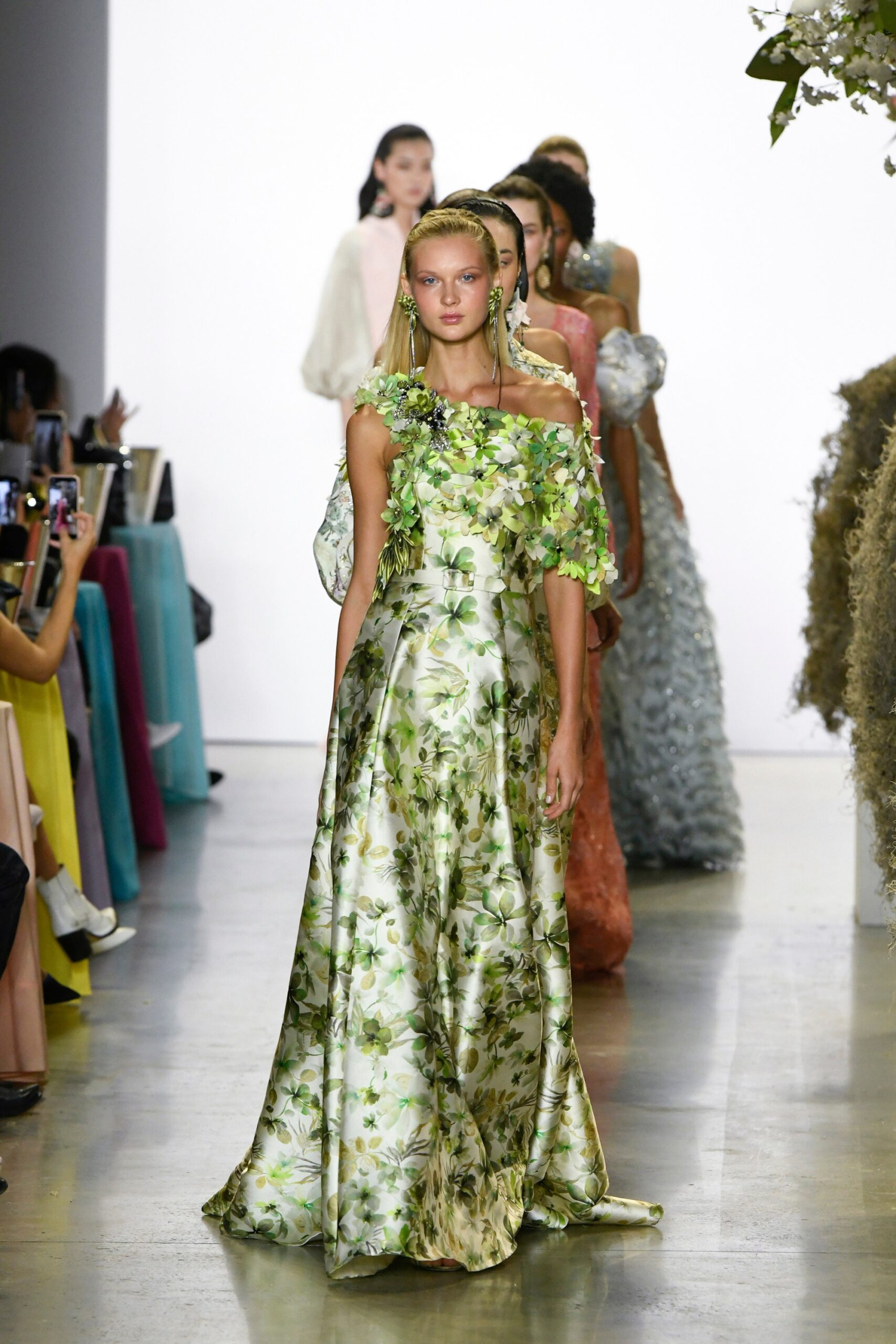 floral silk off-shoulder gown
