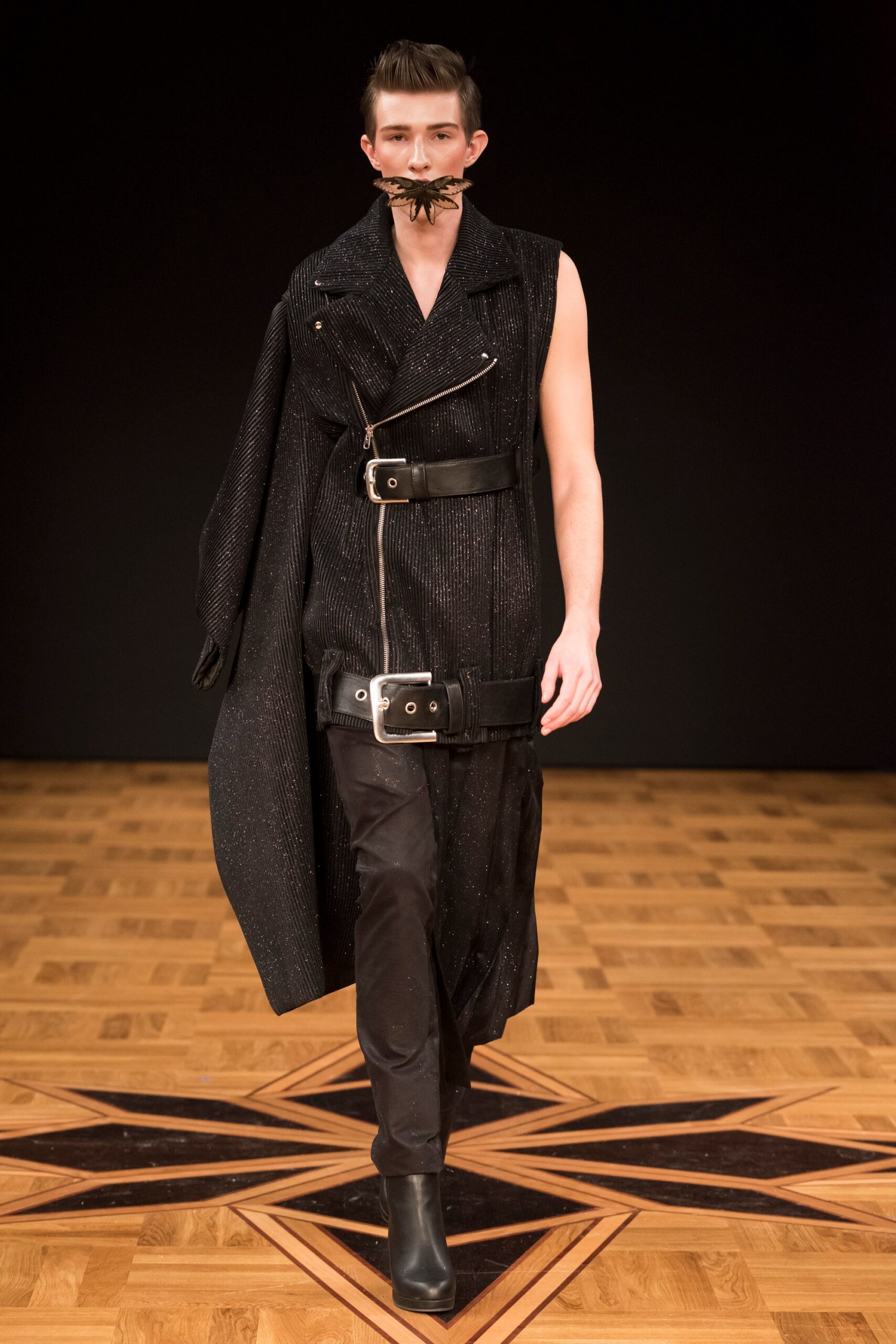 black belted asymmetric sleeveless coat