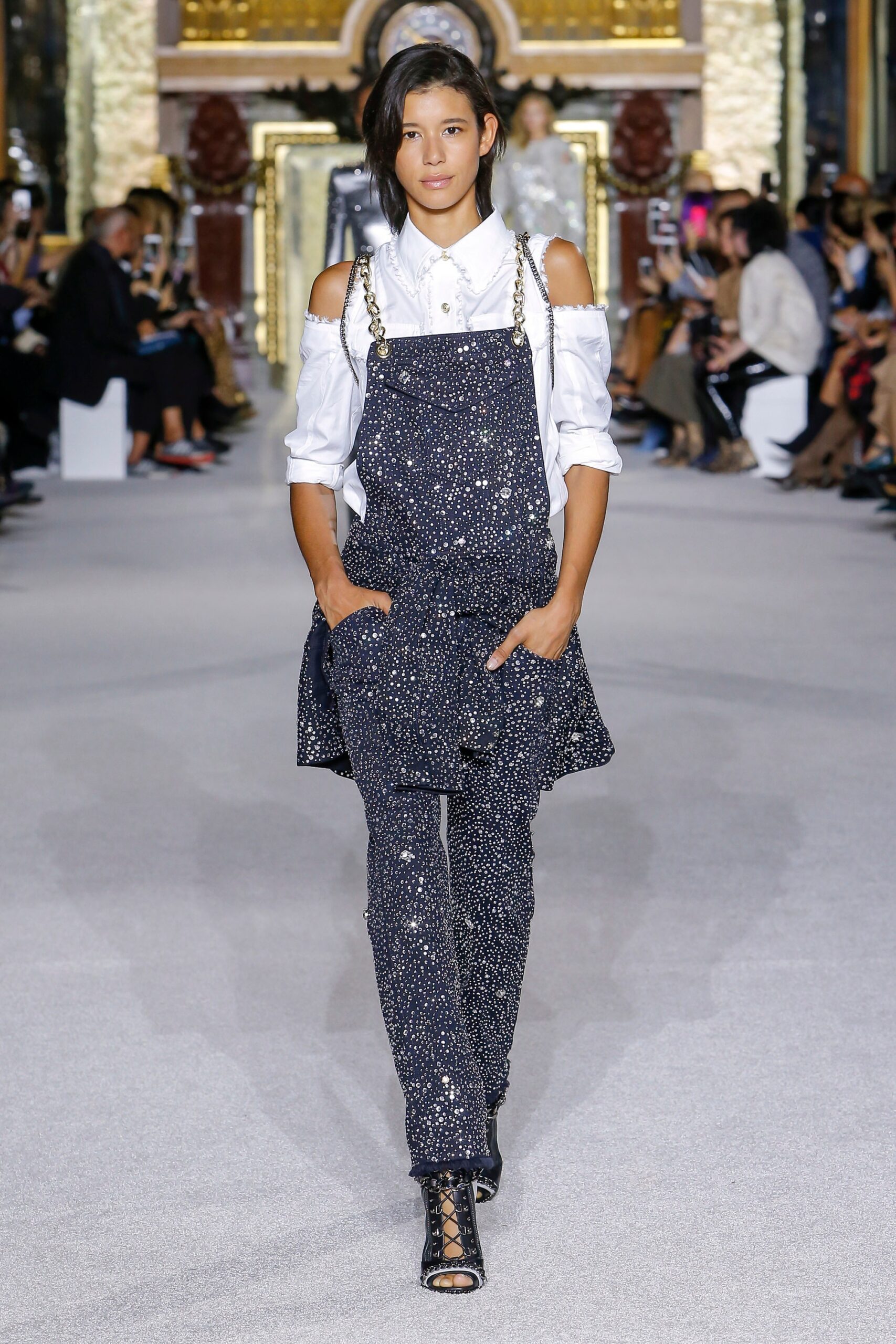 blue cotton relaxed jumpsuit with white shirt