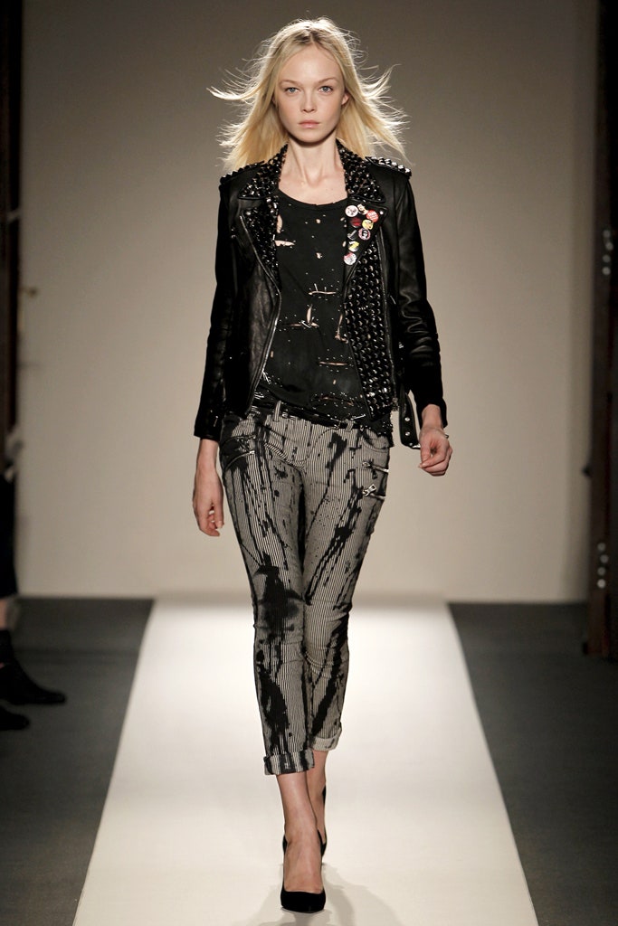 black leather jacket and striped pants