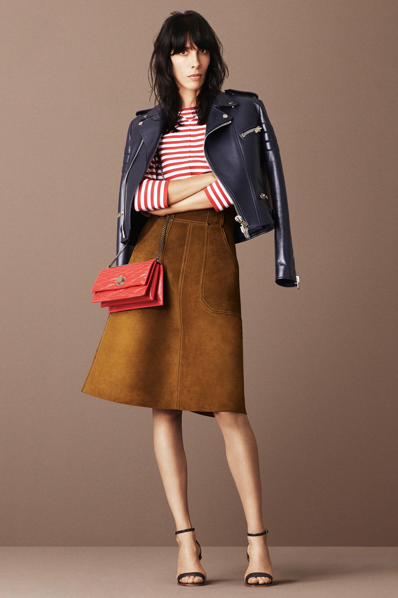 navy leather jacket with striped top