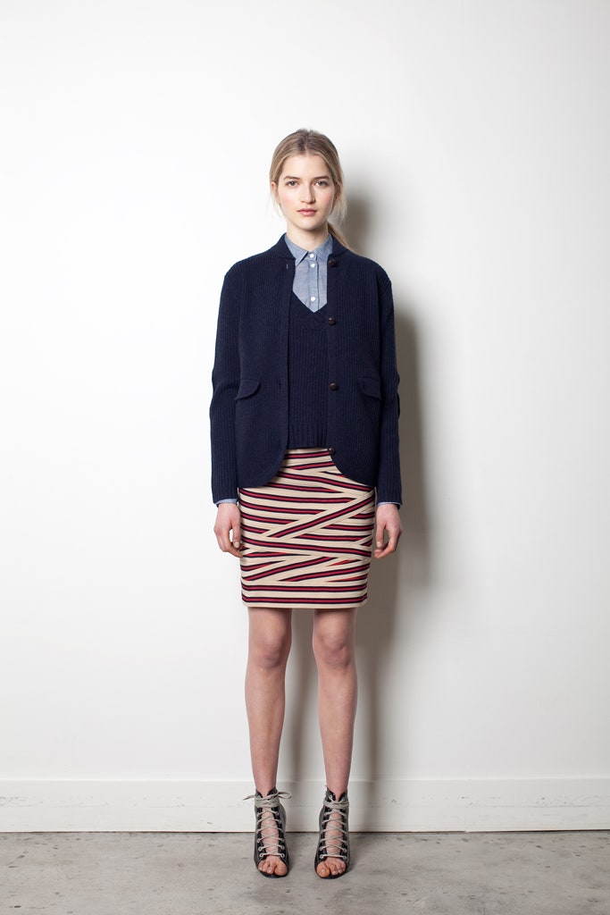 navy blazer and striped mini skirt