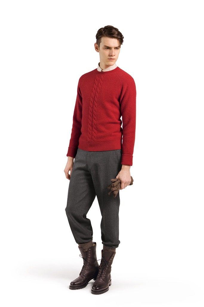 red wool sweater with gray pants