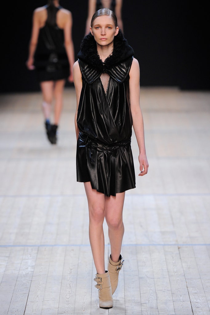 black leather sleeveless high-neck fitted draped mini dress