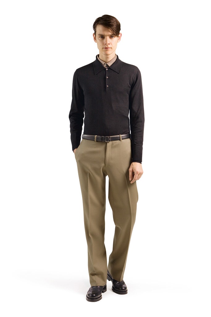 black fitted shirt beige relaxed pants