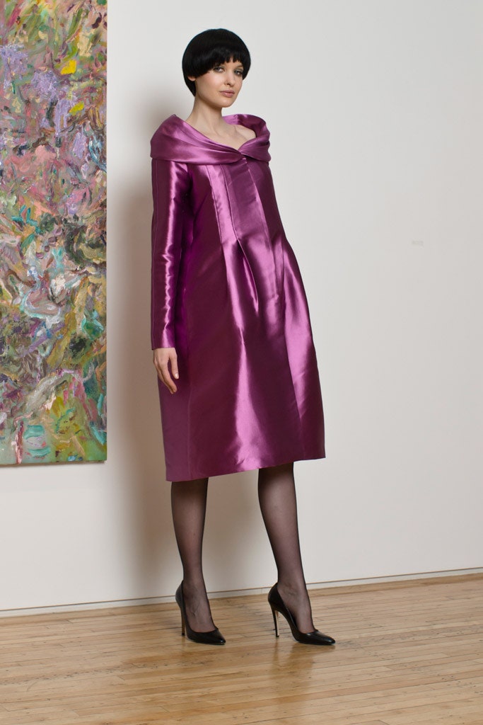 fitted purple satin dress