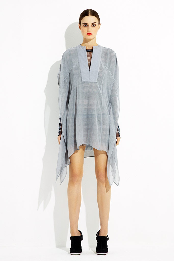 gray flowing sleeveless dress