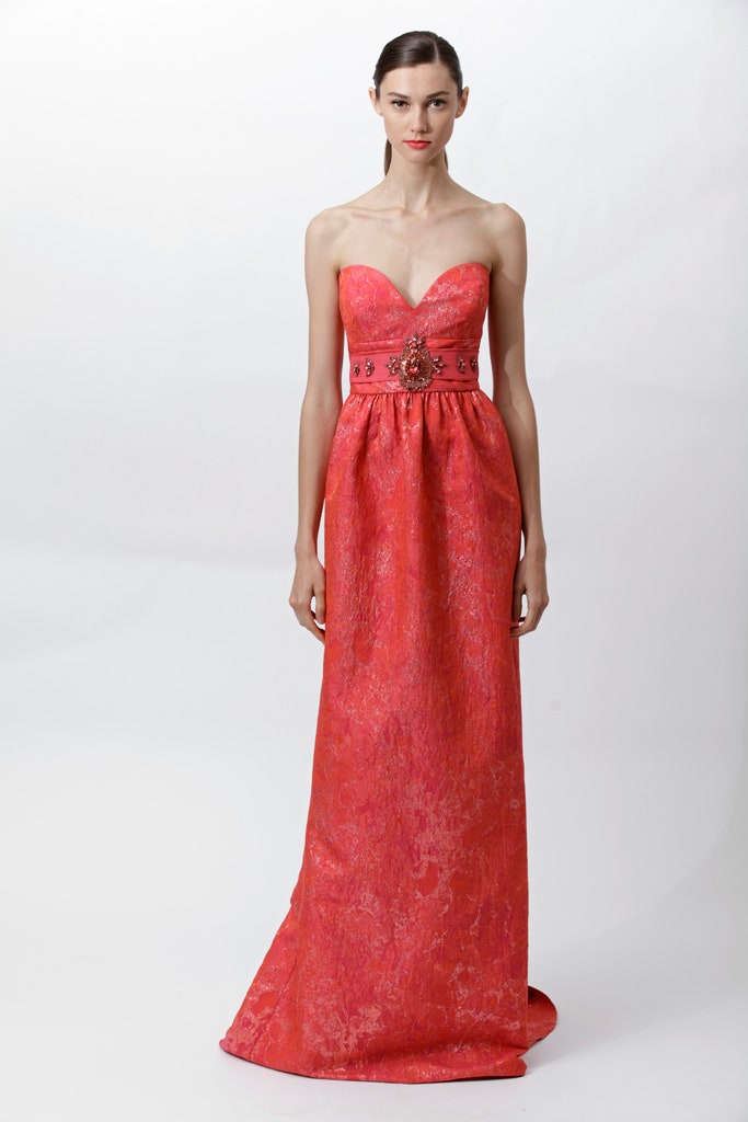 red silk strapless gown