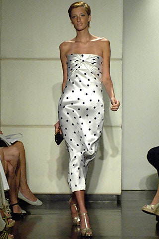 white silk strapless polka-dot dress