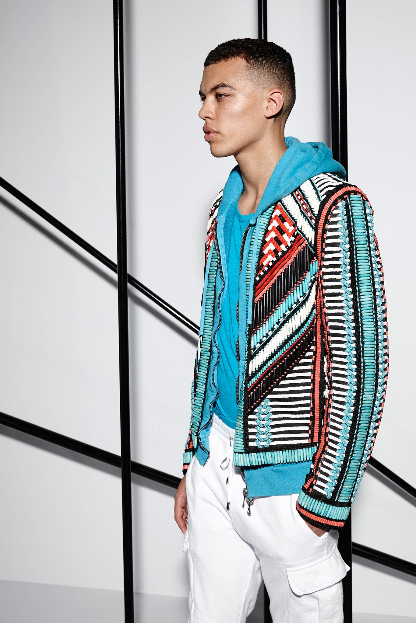 embroidered blue jacket with t-shirt and pants