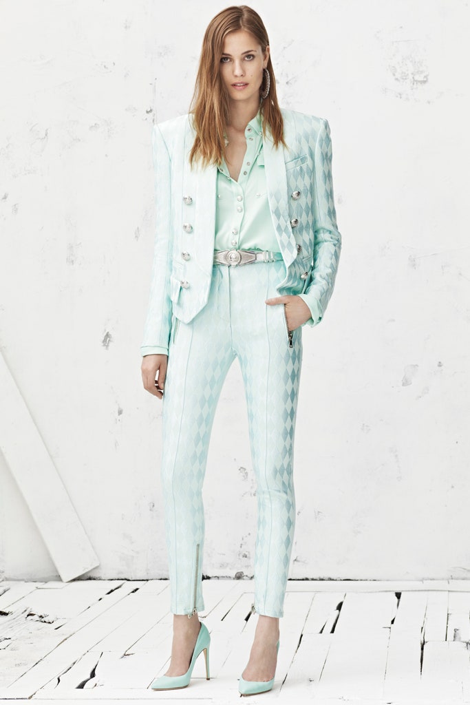 blue silk long-sleeve collared tailored buttoned zippered suit