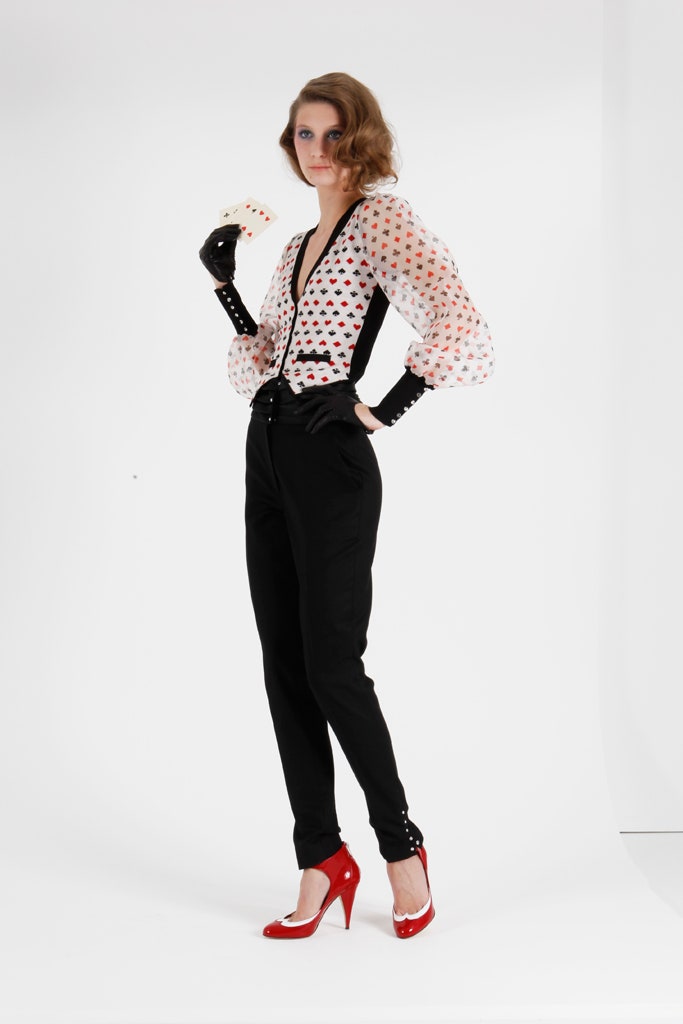 polka-dot blouse tailored pants