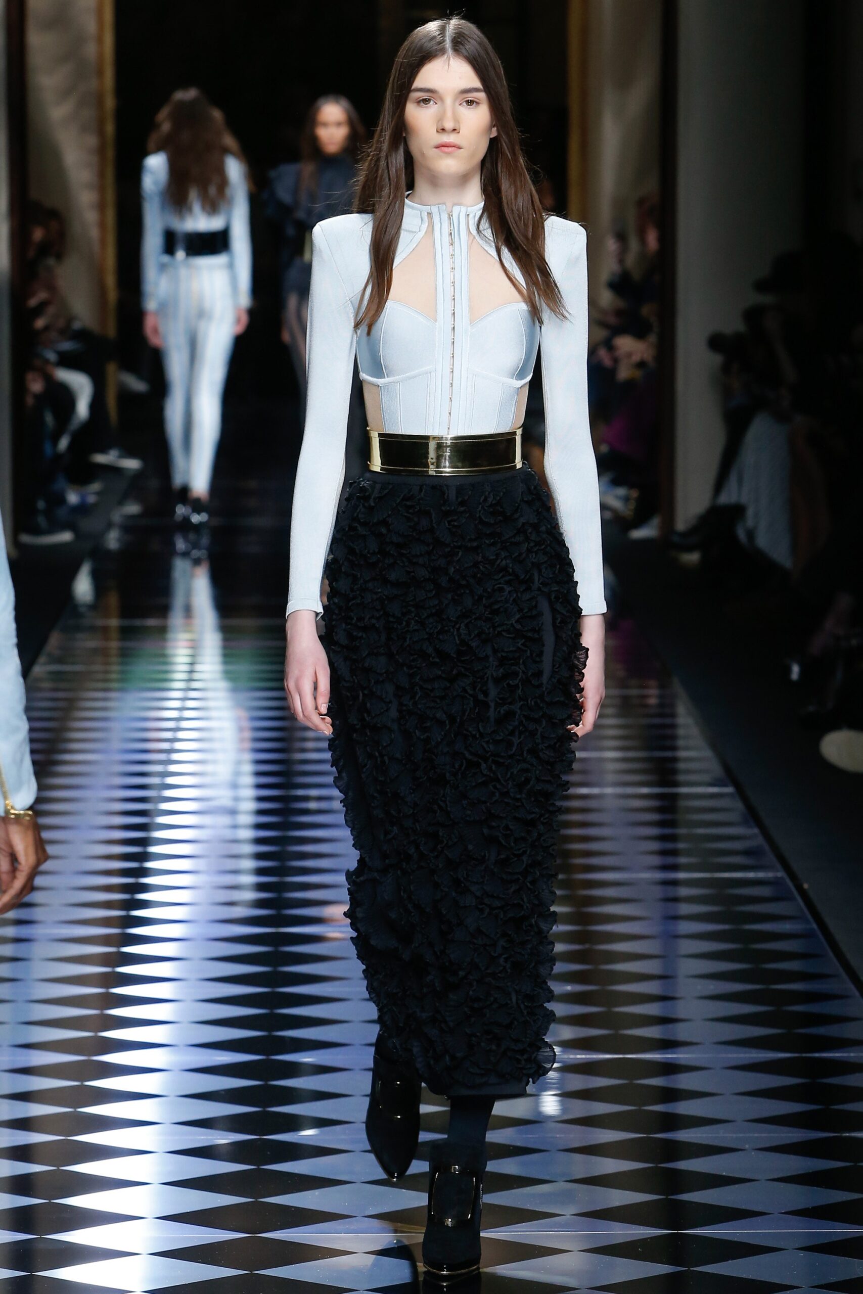 fitted white top and black skirt
