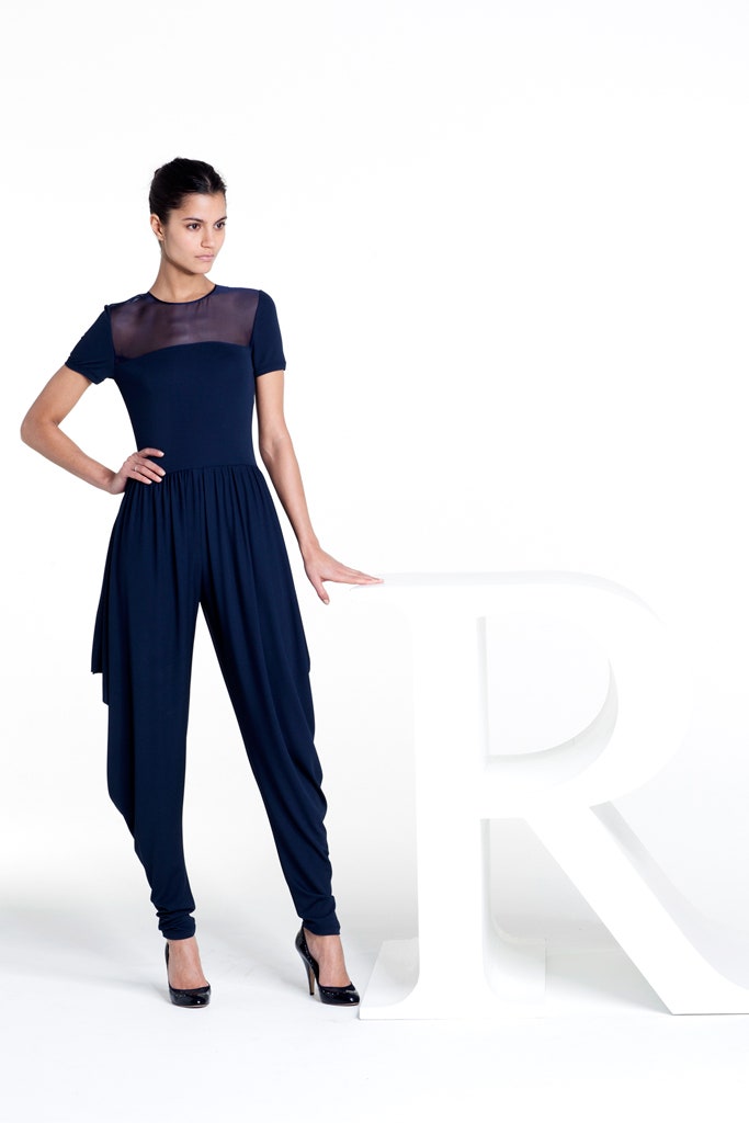 blue fitted short-sleeve jumpsuit