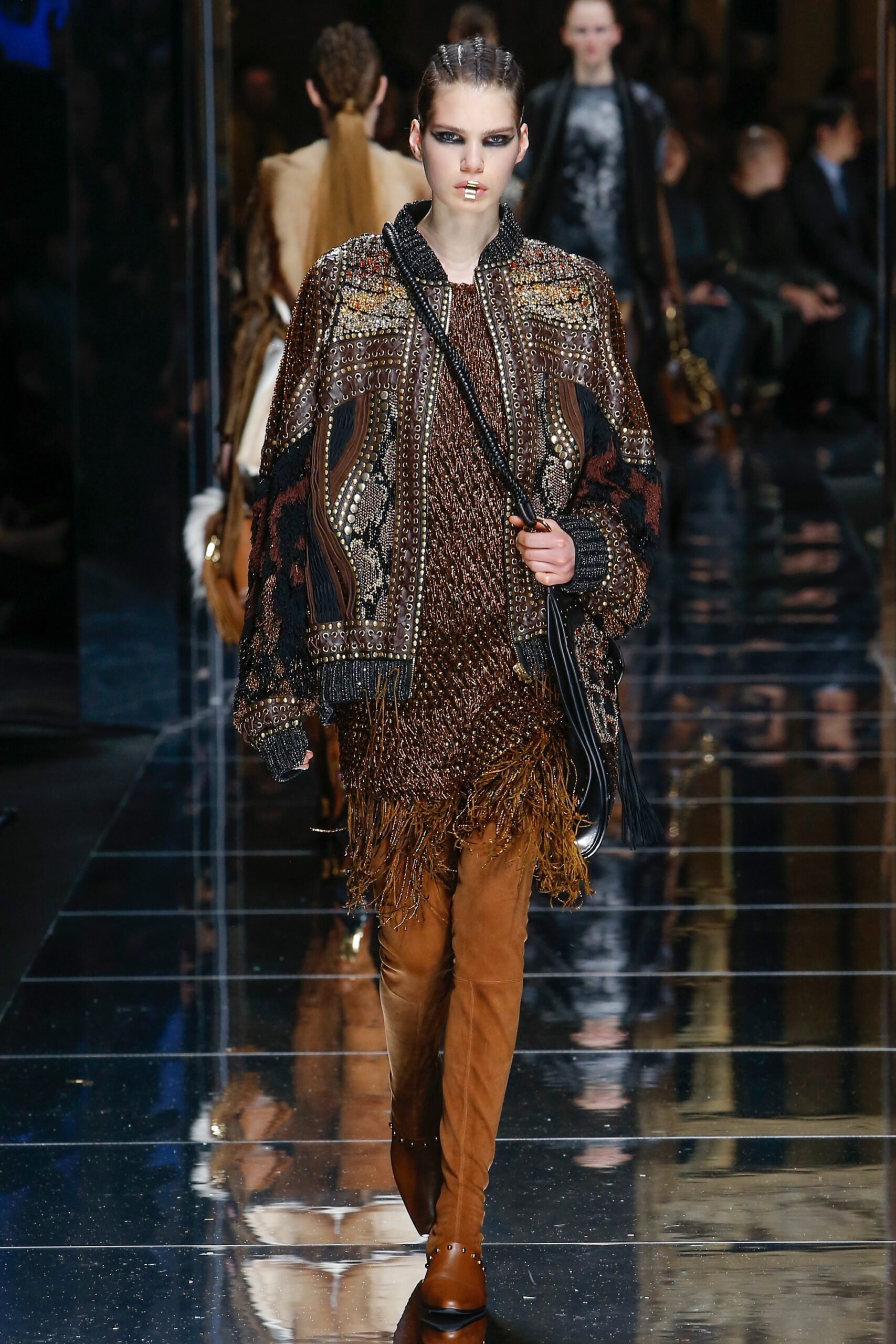 multi wool long-sleeve collared oversized embroidered beaded jacket
