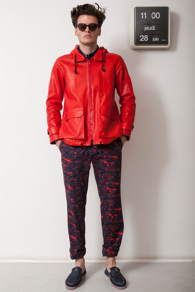 red leather jacket with printed pants
