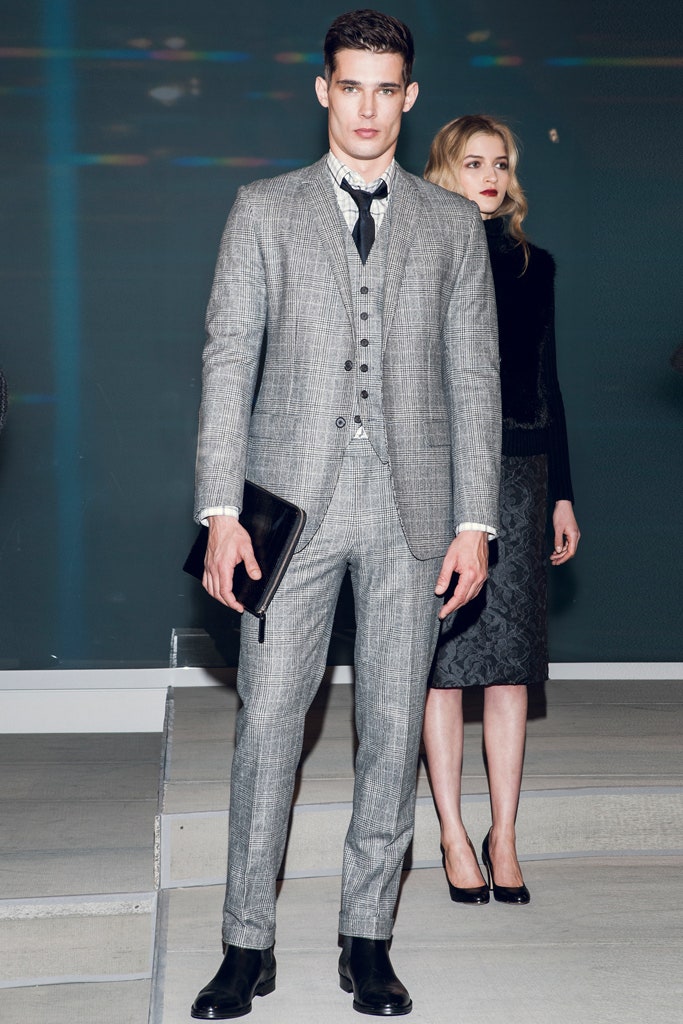 gray tailored suit with black blouse