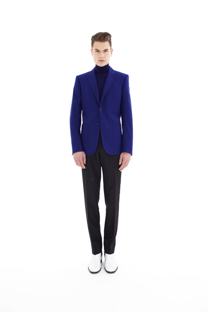 blue tailored blazer with black turtleneck