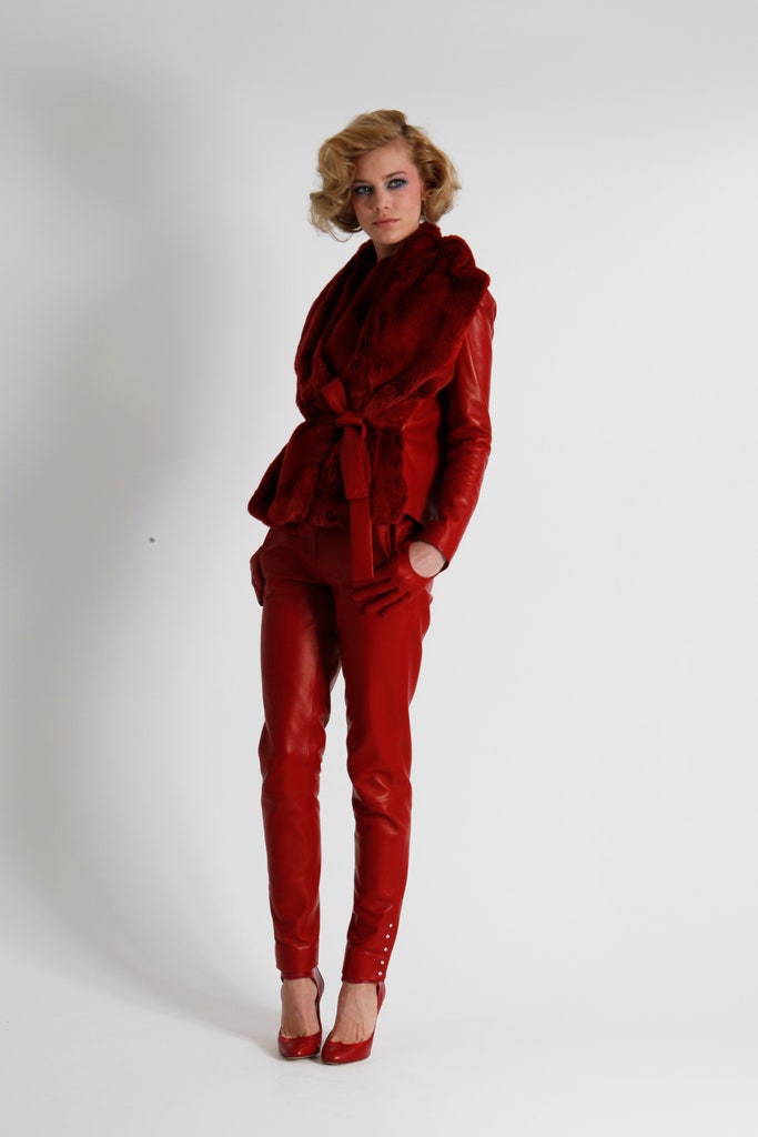 red faux-fur jacket with leather pants