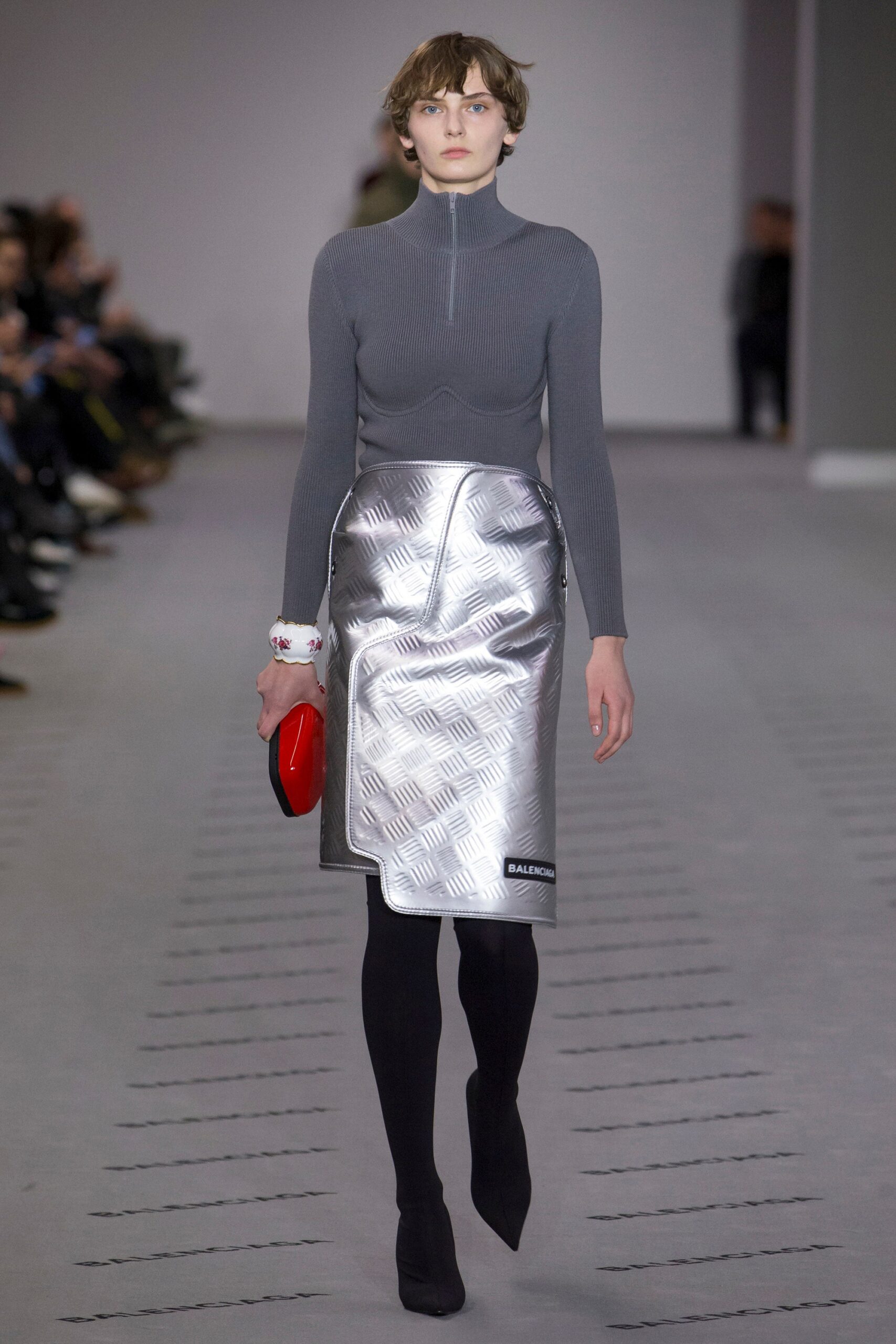 gray metallic asymmetric fitted zippered skirt