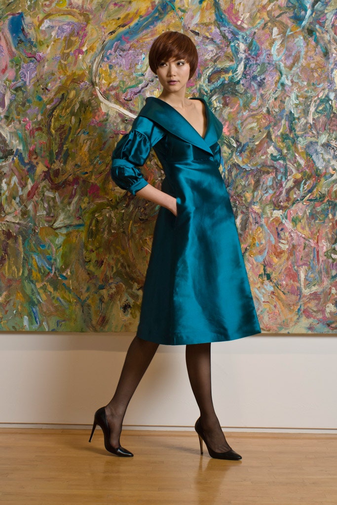 teal silk fitted dress