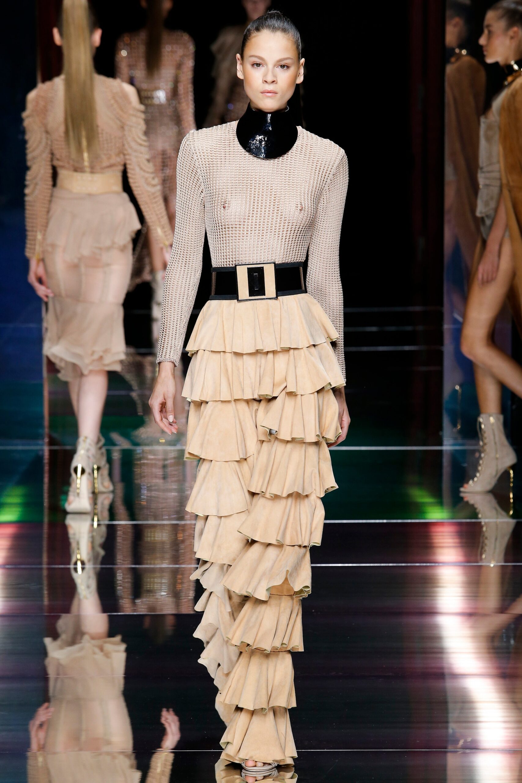 beige mesh top with tiered skirt