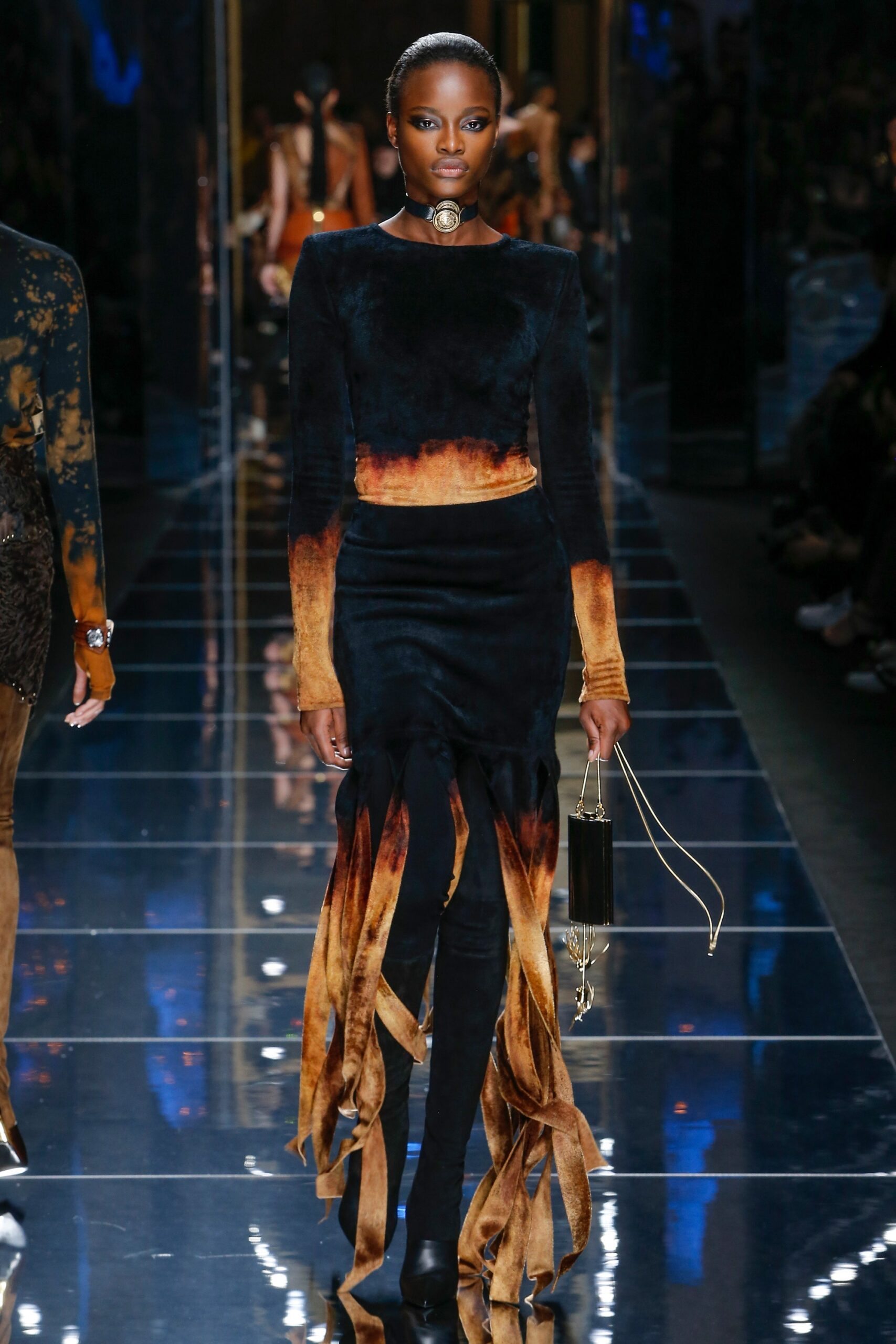 black and orange velvet top and skirt