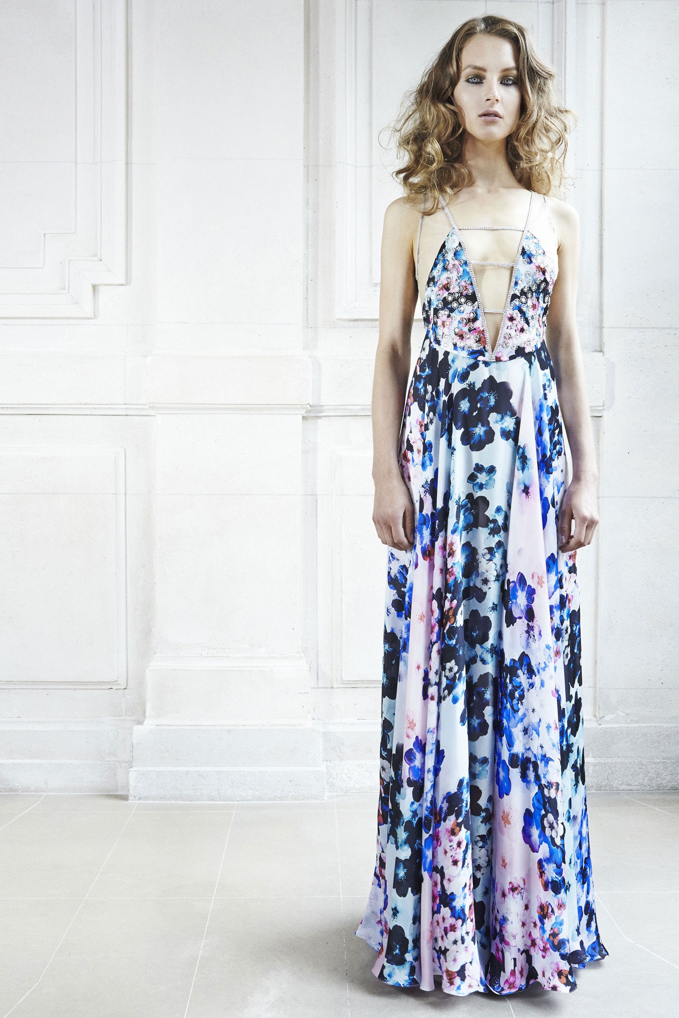 floral silk sleeveless gown