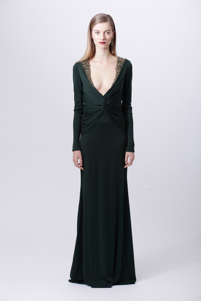 fitted green long-sleeve gown