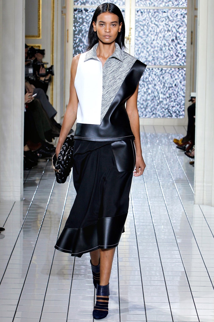 asymmetric black and white midi dress