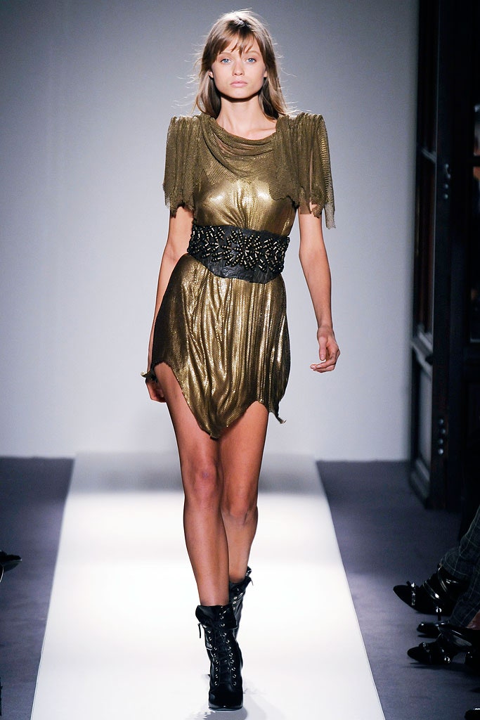 gold silk sleeveless high-neck fitted draped tiered dress