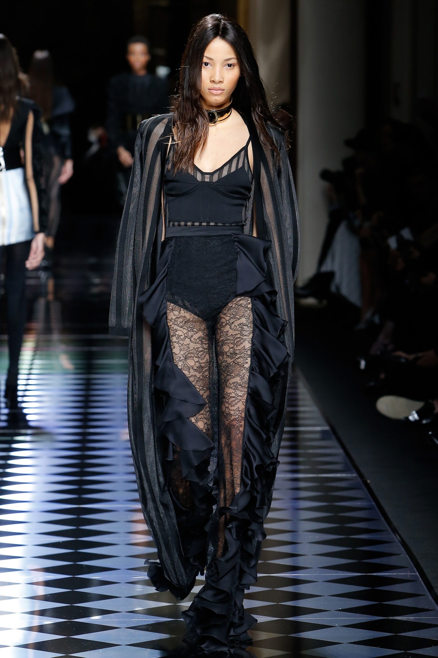 black silk long-sleeve relaxed layered flowing coat