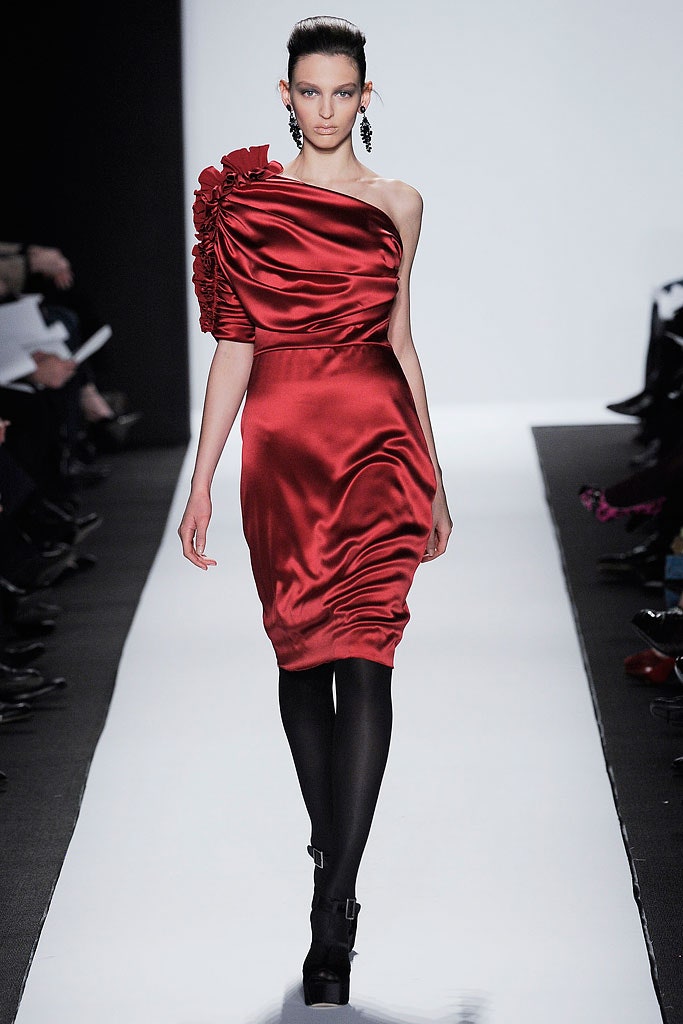 fitted red silk off-shoulder dress