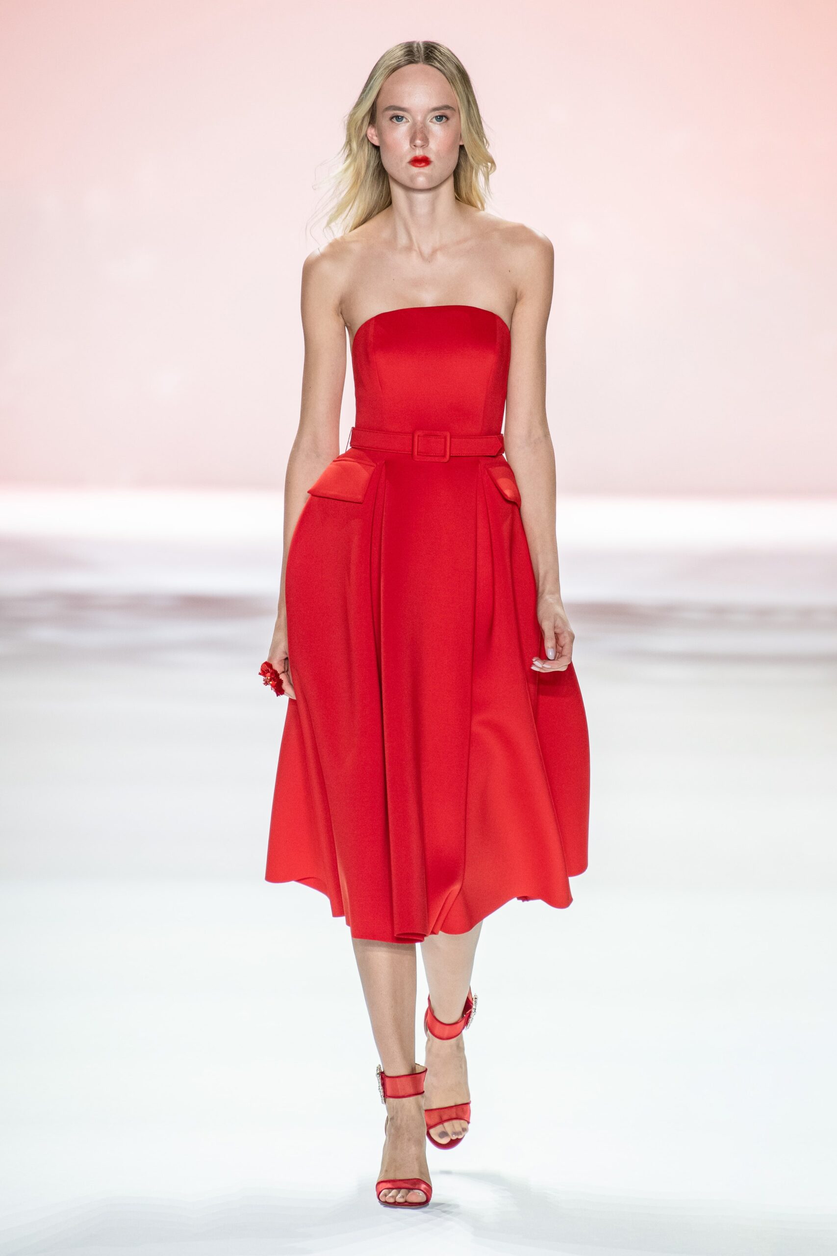 red strapless midi dress