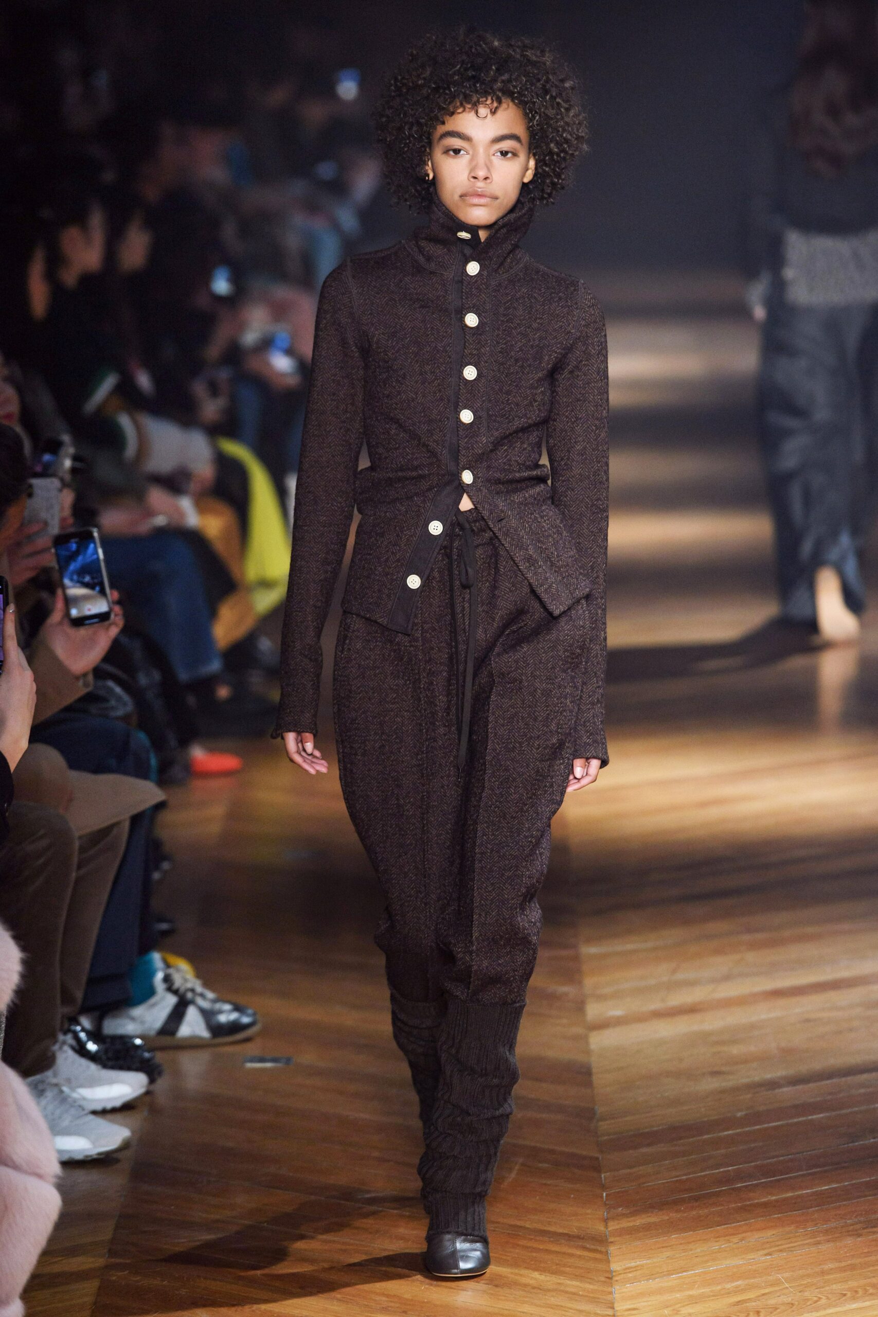 brown herringbone high-neck jacket