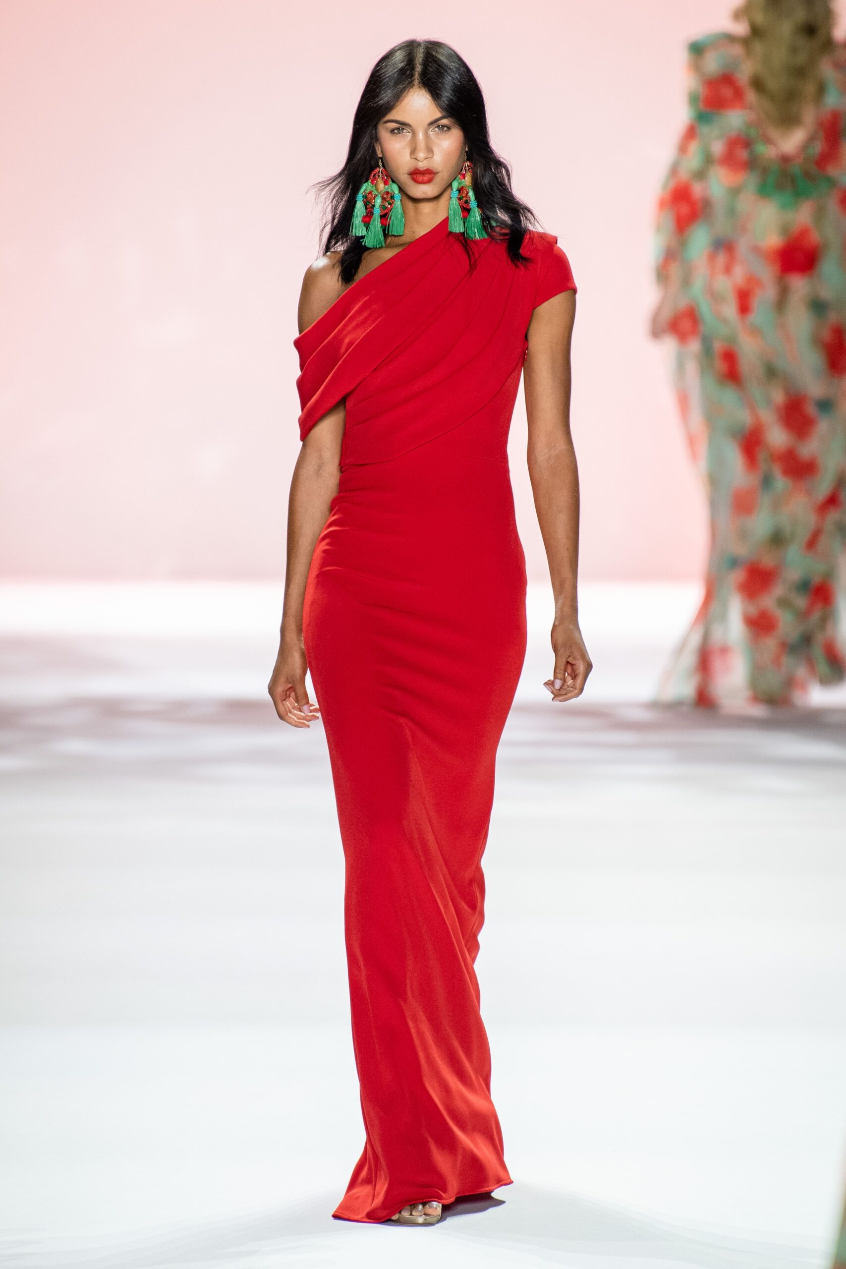 red silk off-shoulder gown