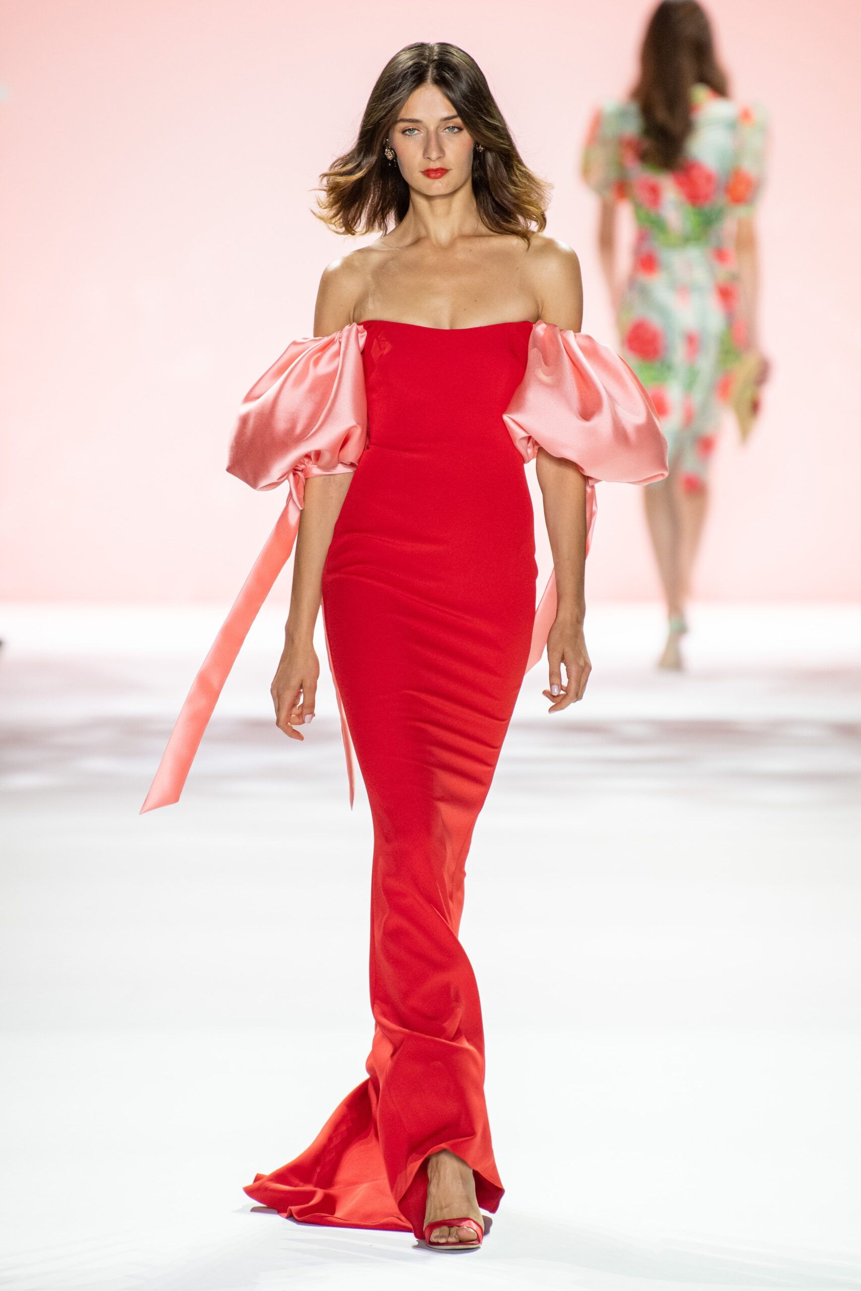 red silk off-shoulder gown