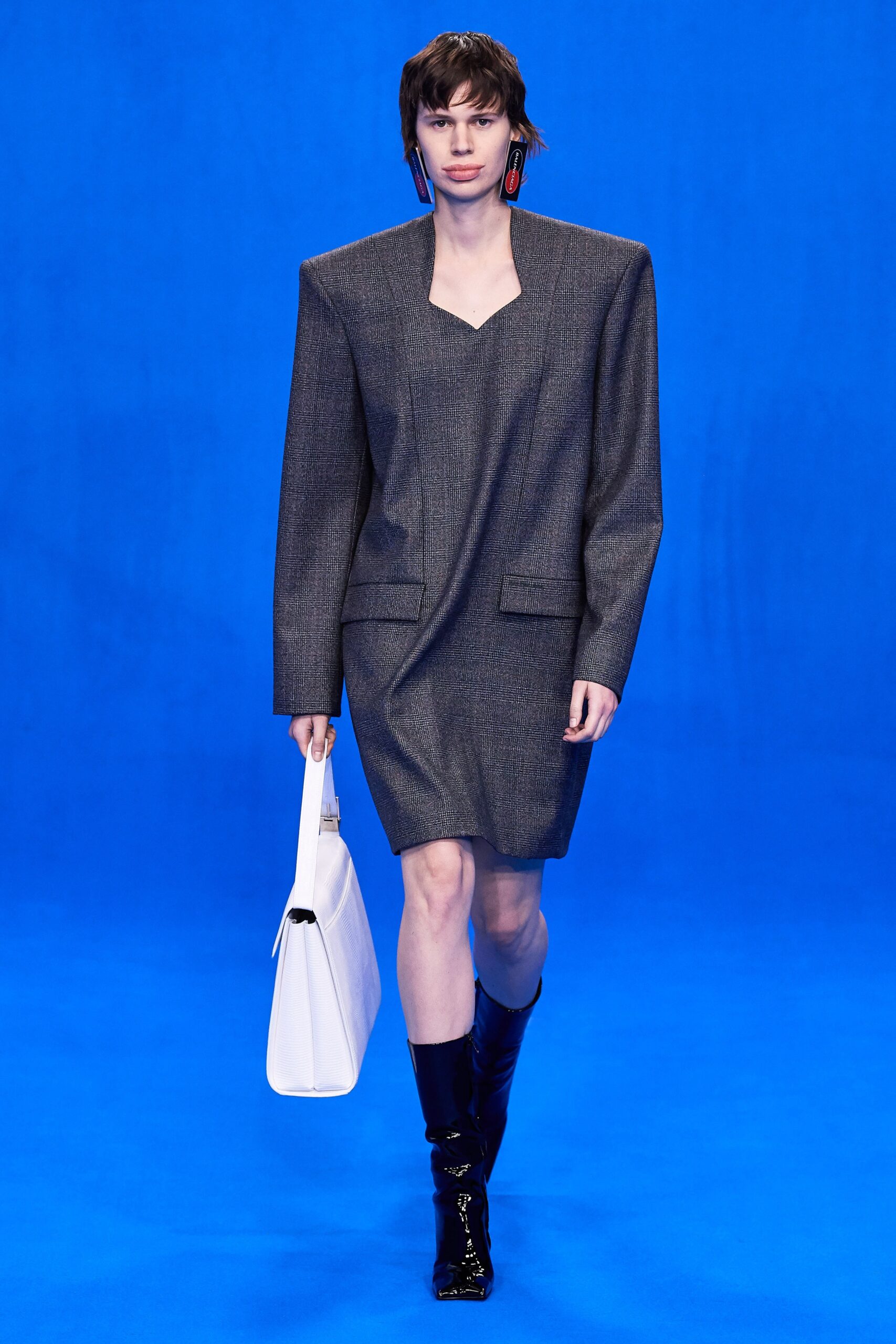 gray structured mini dress with boots